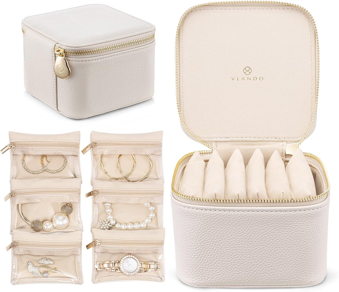 Travel Jewelry Box Organizer - 6 Small Velvet Zipped Pouches Pockets for Jewelries Necklaces Rings Earrings Sorting Storage, Offwhite
