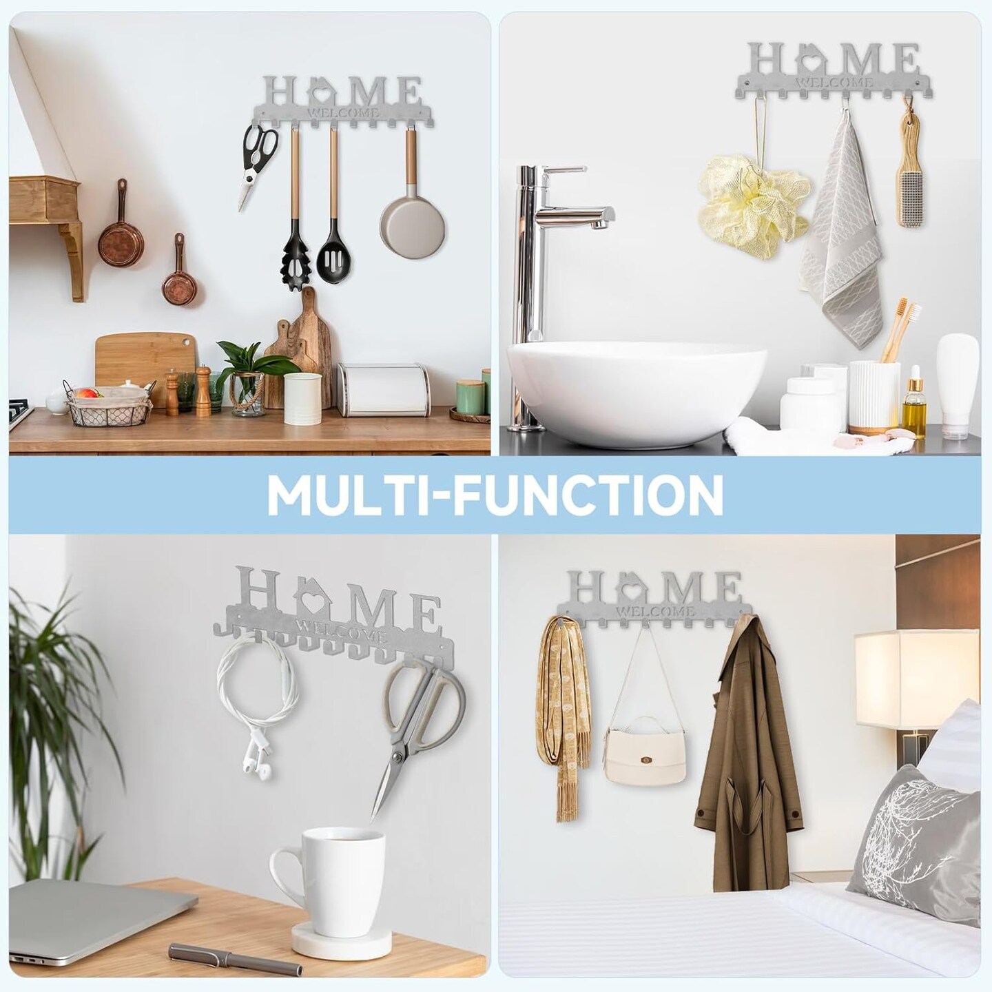 Key Holder Wall Mount, Metal Adhesive Key Hanger with 10 Hooks, 2 Installation Methods, Silver