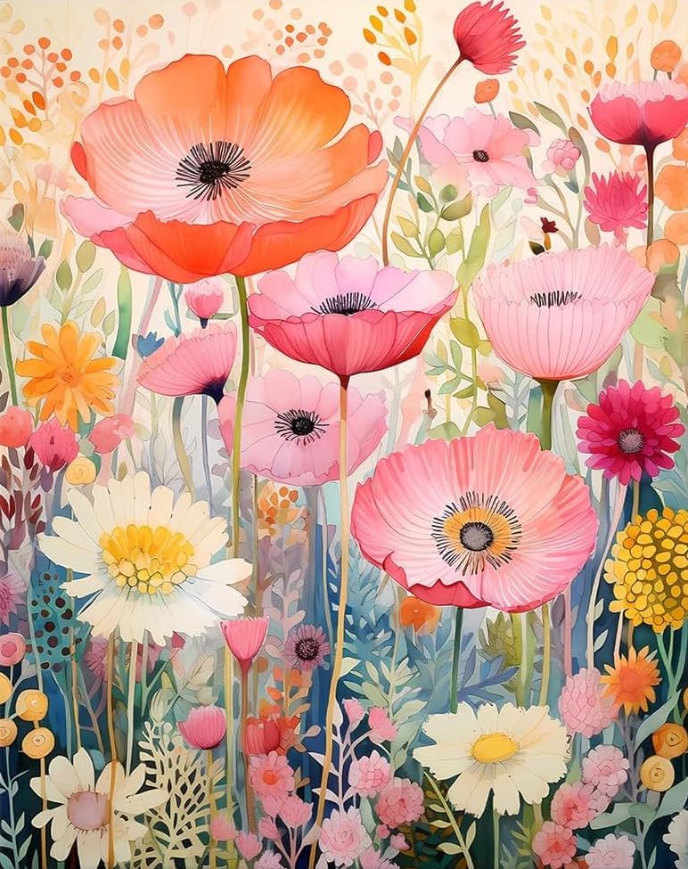 Pink Flowers Diamond Painting Kits for Adults, 5D Diamond Art Painting by Numbers Kits, DIY Pink Flowers Diamond Art Kits