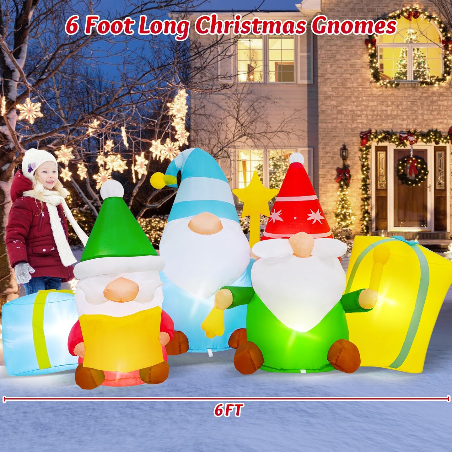 6 FT Long Christmas Inflatables 3 Gnomes Reading The Bible and Ringing The Bell Outdoor Decorations, Build in LEDs Inflatable Christmas Gnome Blow Up Yard D&#xE9;cor Holiday Xmas Indoor Patio Lawn