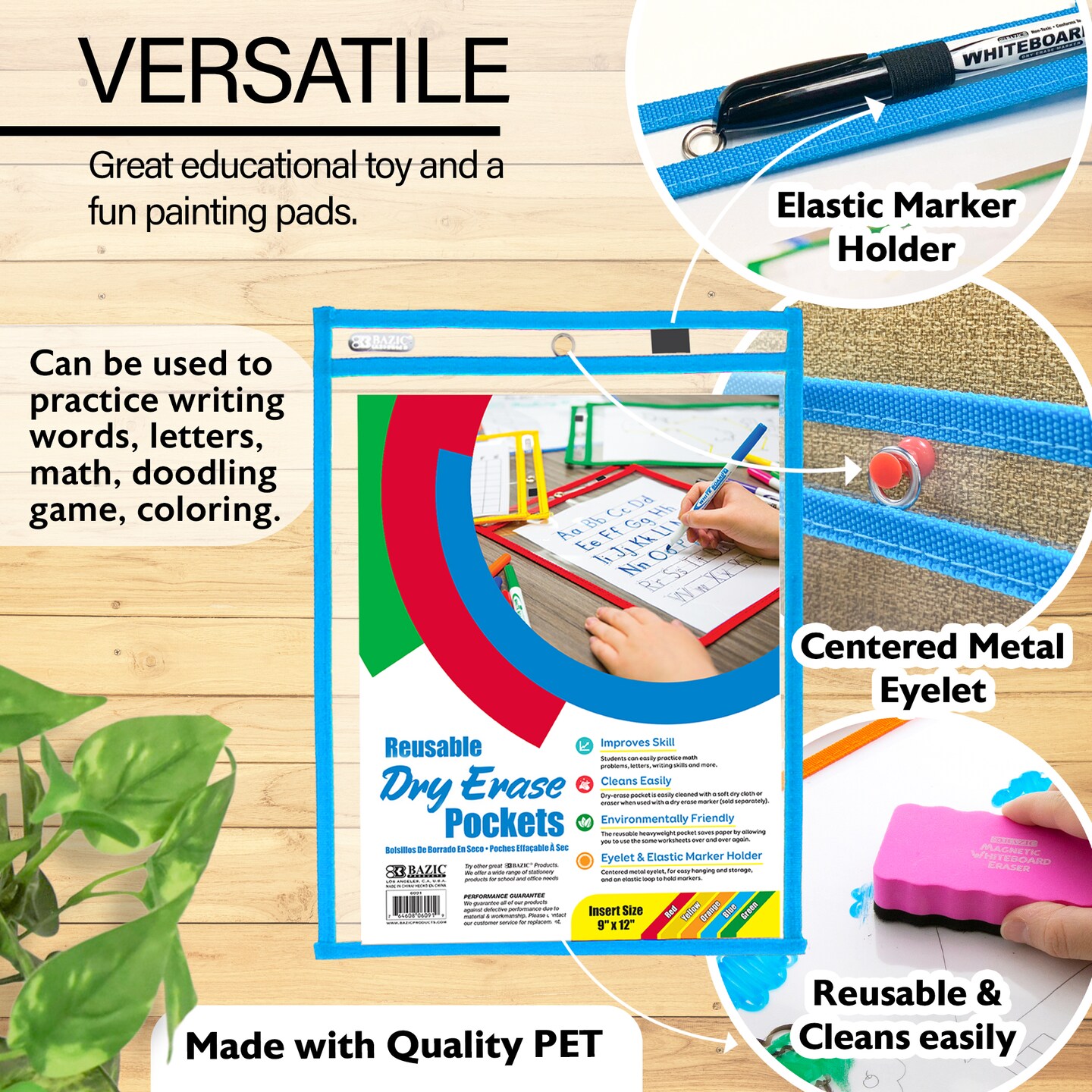 BAZIC Reusable Dry Erase Pockets with Marker Holder (10/Pack)