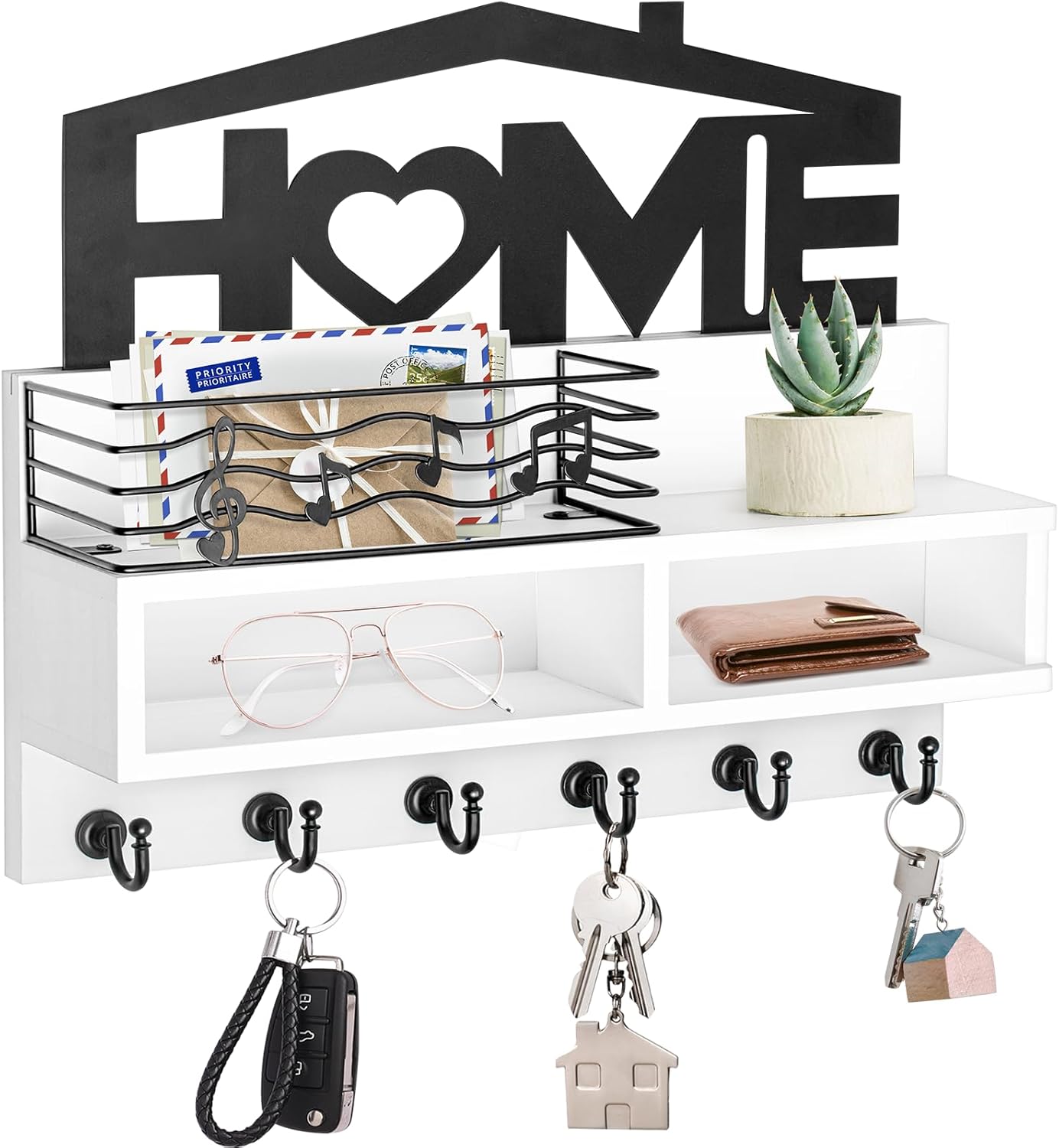 Key Holder Wall Mount, Decorative Wooden Mail and Key Organizer with Storage Basket and Shelf, 2 Compartments, 6 Hooks, White