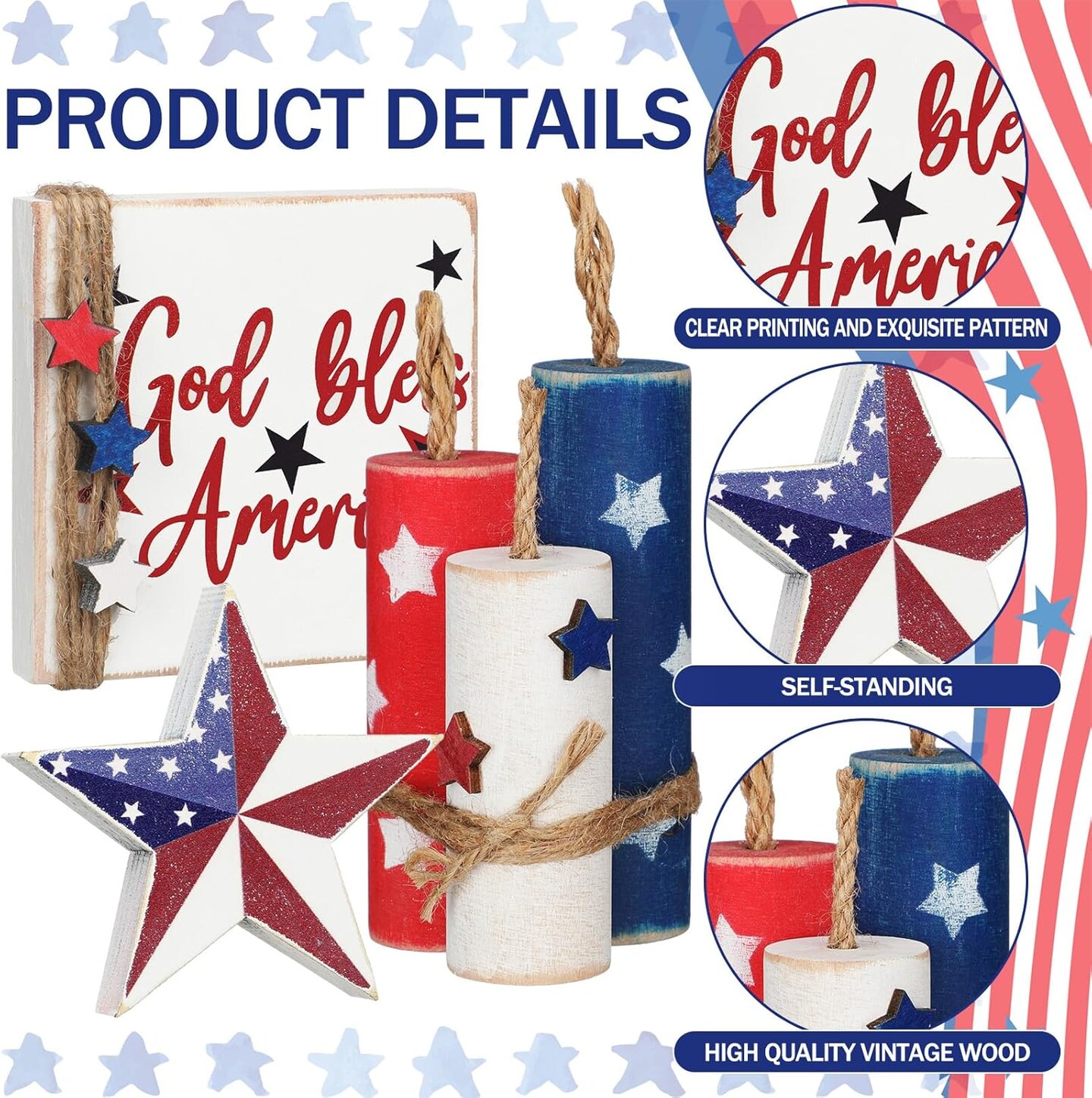 5 Pcs 4th of July Table Decorations Memorial Day Patriotic Table Centerpieces Rustic Independence Day Wood Firework Signs Tiered Tray Decor Rustic God Bless America Decor(Star)