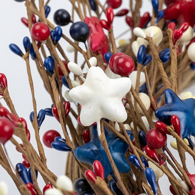 20inch Patriotic Wreaths for Front Door, 4th of July Pip Berry Grapevine Wreath White Blue Stars and Berries, Independent Day Porch Door Window Decor