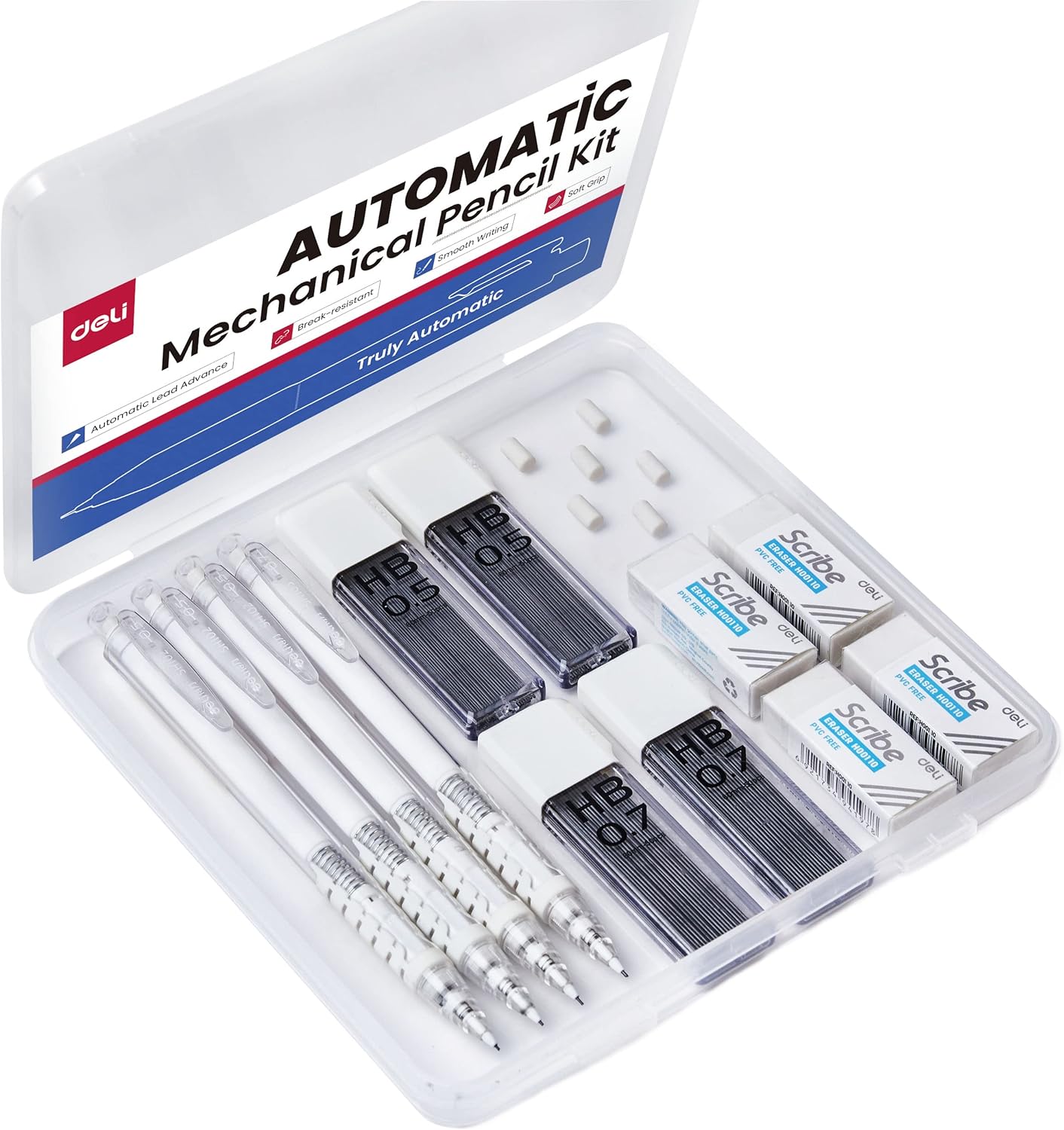 Mechanical Pencils Set, Automatic Lead Advances, 4 Pcs Mechanical Pencils 0.5mm &#x26; 0.7mm, 100 Pcs 0.5mm and 100 Pcs 0.7mm Pencil Leads, 4 Erasers and 6 Eraser Refills, School Office