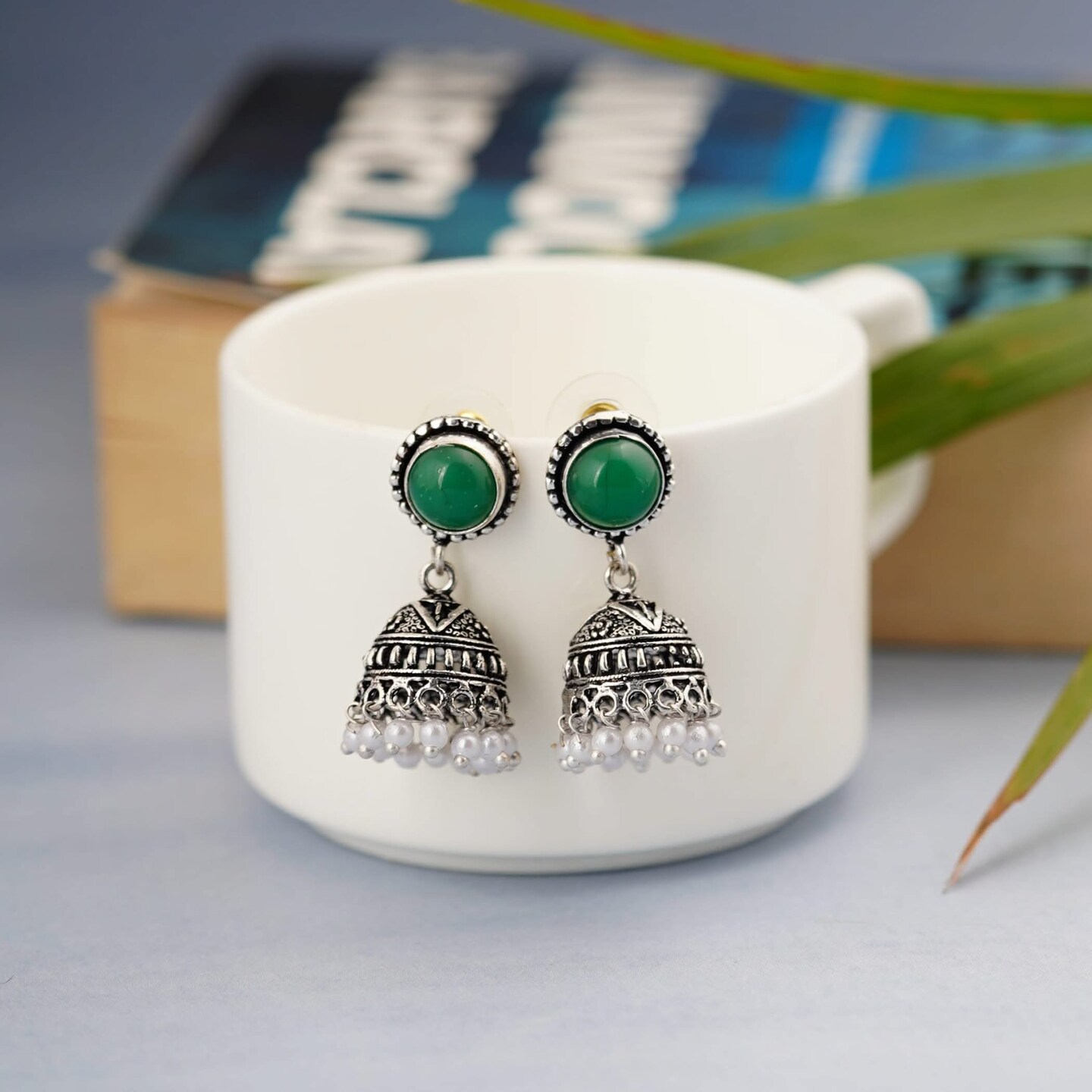 Indian Oxidized Jhumka Earrings for Women - Indian Oxidized Bell Tassel Jhumki Ethnic Chandbali Earrings Faux Pearls with Oxidized Platting Bollywood Style Dangle Earring Jewelry for Bride