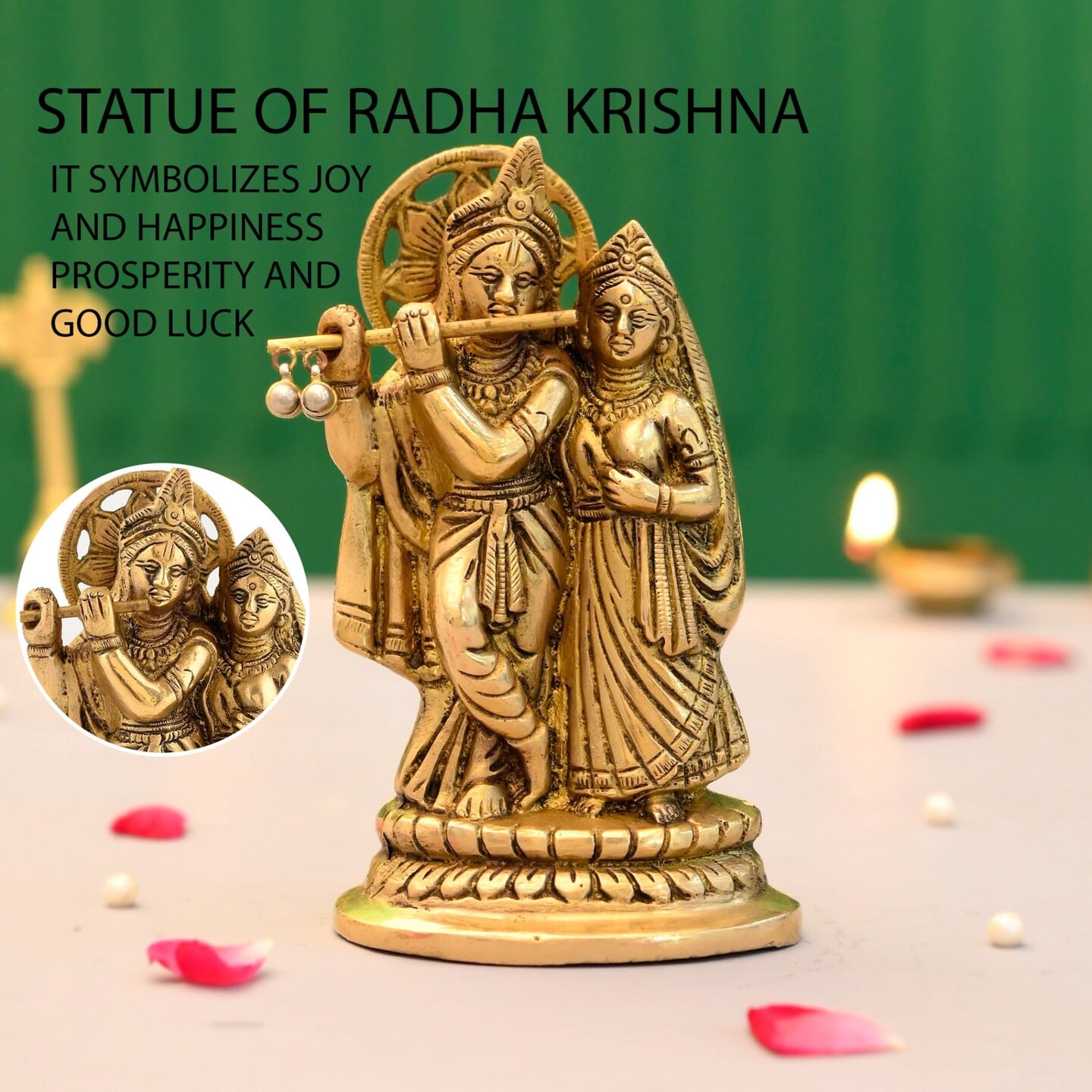 Brass Radha Krishna Statue Hindu God Religious Lord Krishna with Radha Rani Murti Idol - Sculpture for Home Temple Mandir Pooja Decor - Decorative Showpiece Housewarming Gift (5.5 Inches)
