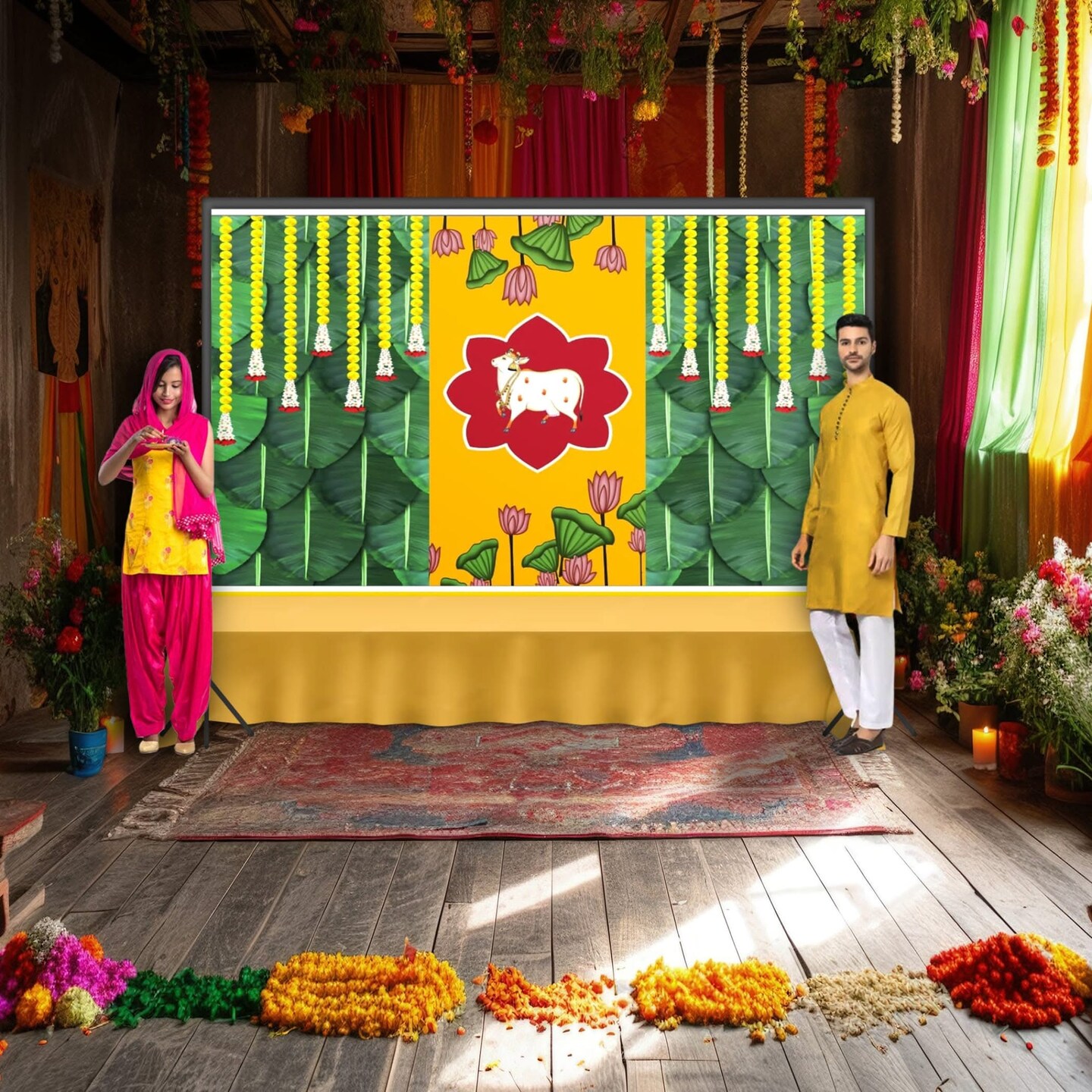 Cow Backdrop with Marigold Design Indian Traditional Cloth 5x8 Feet Backdrop Pooja Wall Decor Indian Wall Art Photo Decor Banner Indian Janmashtami Decor Decorative Pooja Cloth