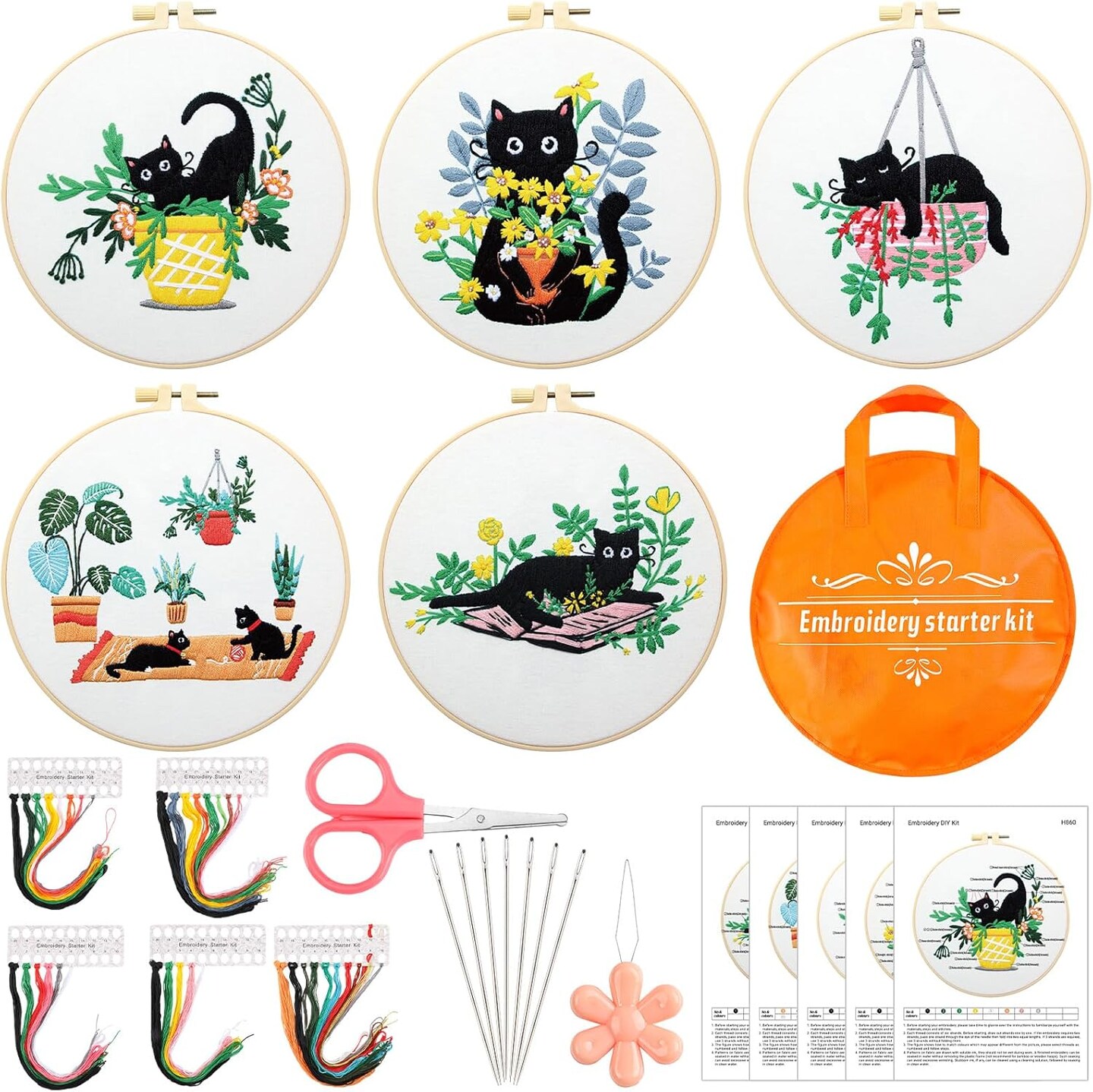 5 Sets Embroidery Starter Kit with Black Cat Patterns and Instructions