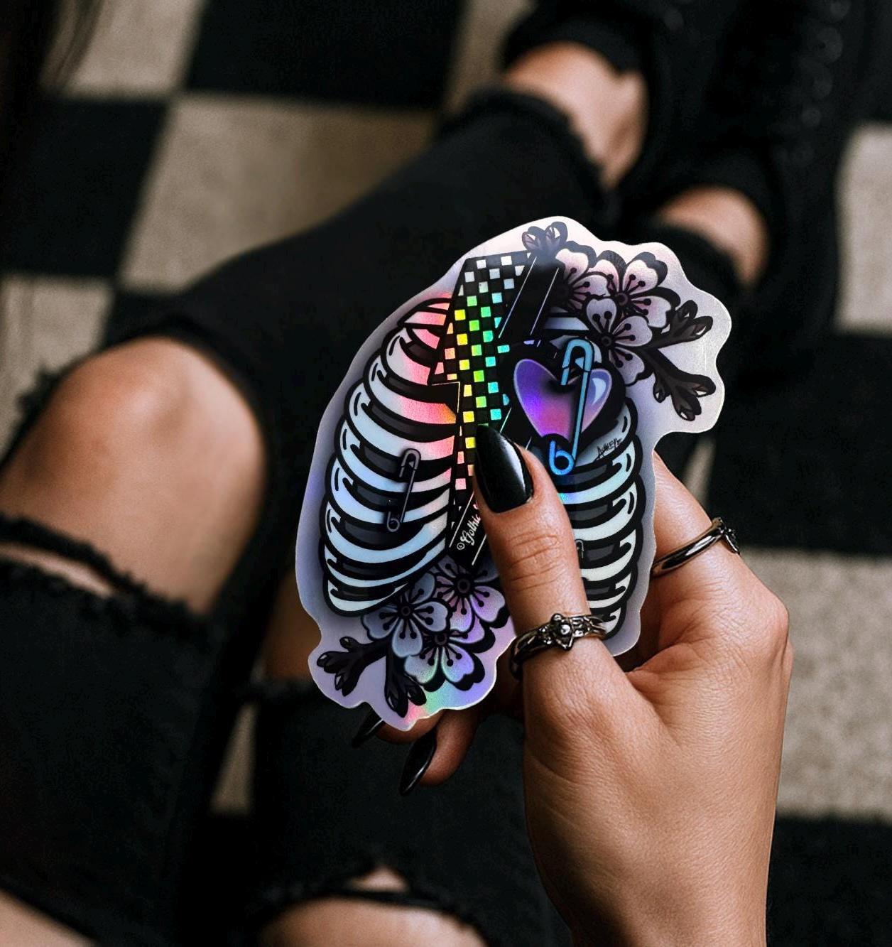 Punk Skeleton Rib Cage and Cherry Blossoms, Waterproof Die Cut Sticker,  Choose Between Glossy or Holographic | MakerPlace by Michaels, image size:1018x1080