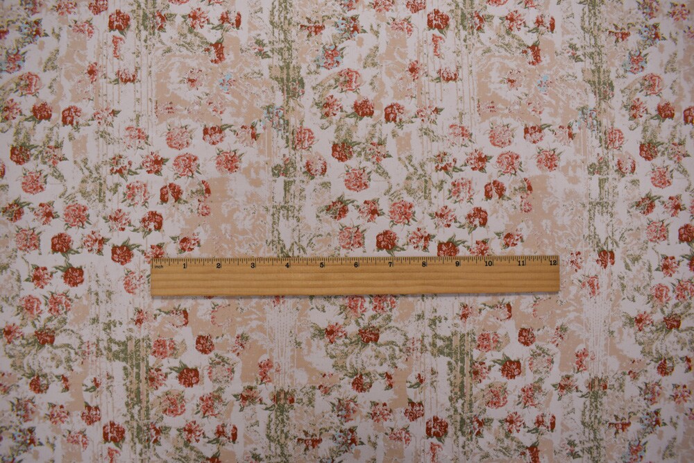 Peach-Multi  Floral Texture Printed Stretch Twill Sateen Woven Fabric By the Yard