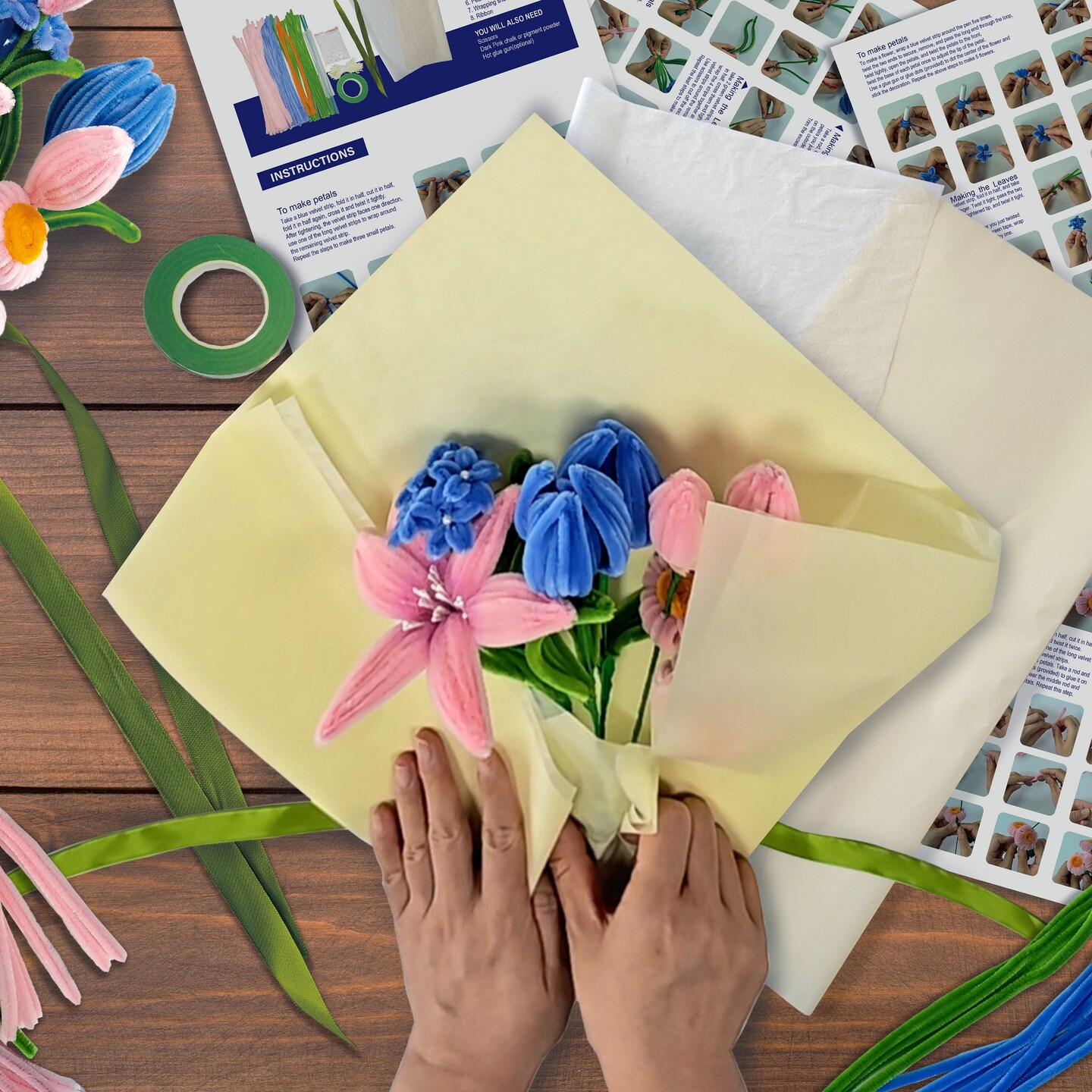DIY Chenille Flower Bouquet Kit &#x2013; Pink &#x26; Blue Mix