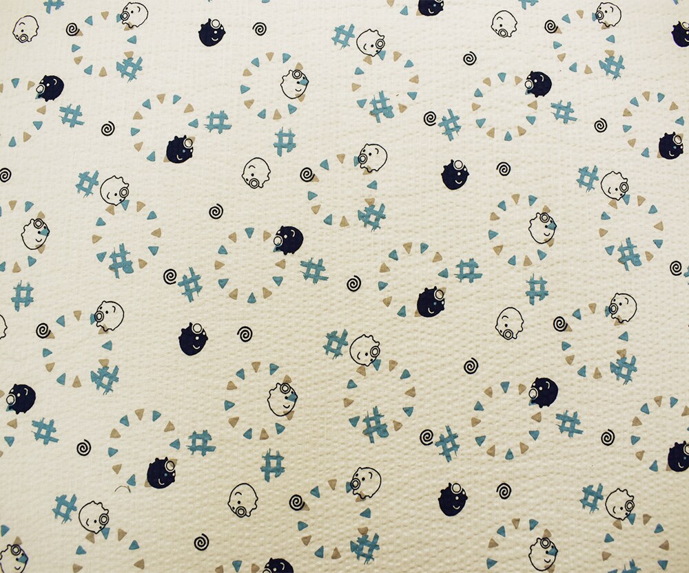 Ivory-Navy-Multi Japanese Cotton Abstract Pig Printed Plisse Woven Fabric By the Yard