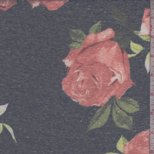Dark Ink Blue Rose Slub Jersey Knit Fabric By the Yard