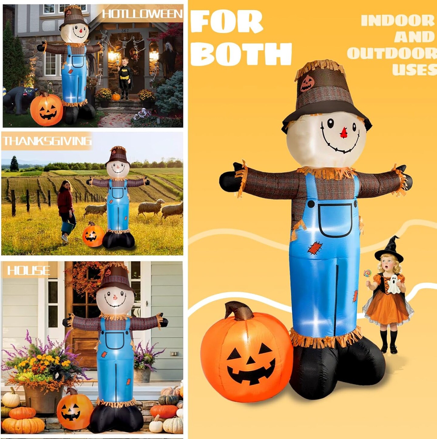 8FT Fall Inflatables Scarecrow with Pumpkin and Built-in LEDs