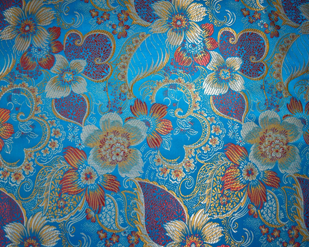 Aqua Blue-Multi Polyester Floral Chinese Brocade Woven Fabric By the Yard