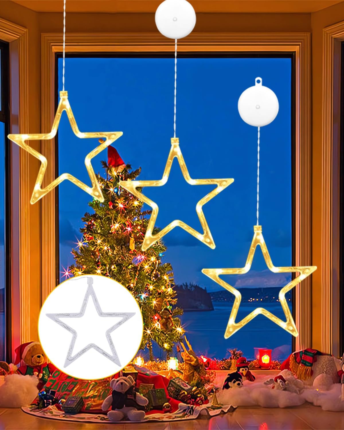 LED Stars Christmas Lights,3 Pack LED Christmas Window Lights,10 LEDs Christmas Decorations with Timer for Window Decoration, Christmas Decoration, Balcony,Party,Wedding,Warm White