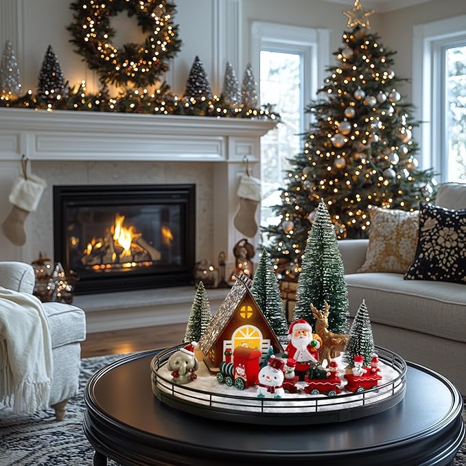 Christmas Village Sets, Winter Xmas Holiday 13” Lazy Susan with Light-up House Christmas Trees Santa Snowman Table Centerpieces Town Building Collection Décor