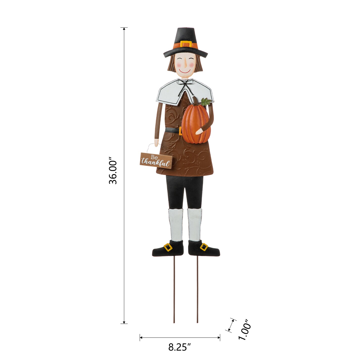 36&#x22;H Metal Boy Thanksgiving Pilgrim Yard Stake, Standing Decor or Hanging Decor (KD, Three function)