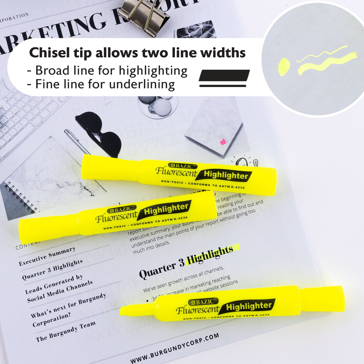 BAZIC Desk Style Fluorescent Highlighters Yellow (3/Pack)