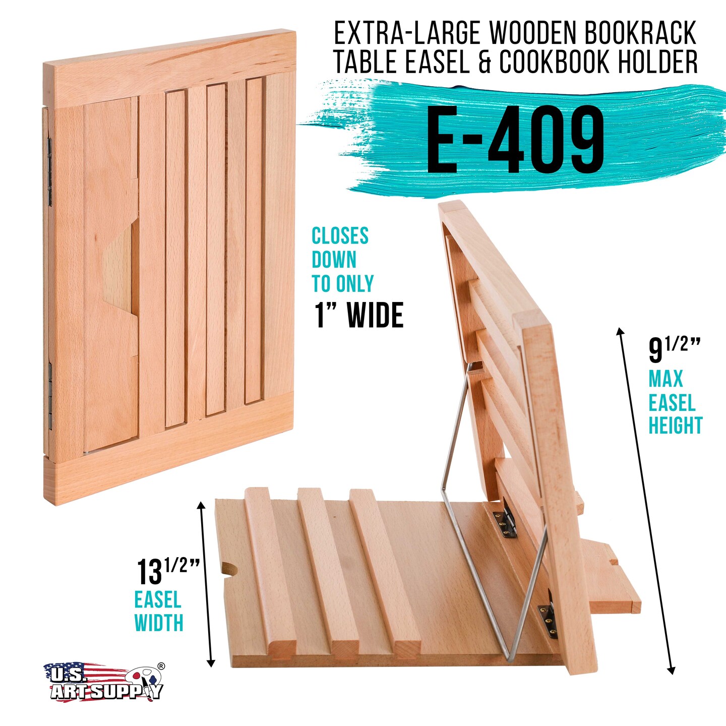 Large Wooden Table Easel - Adjustable Incline, 2 Page Holders - Functions as Wooden Cookbook Stand, Kitchen Countertop Recipe Rack, Tablet Rest & Cook Book Holder for Kitchen Counter