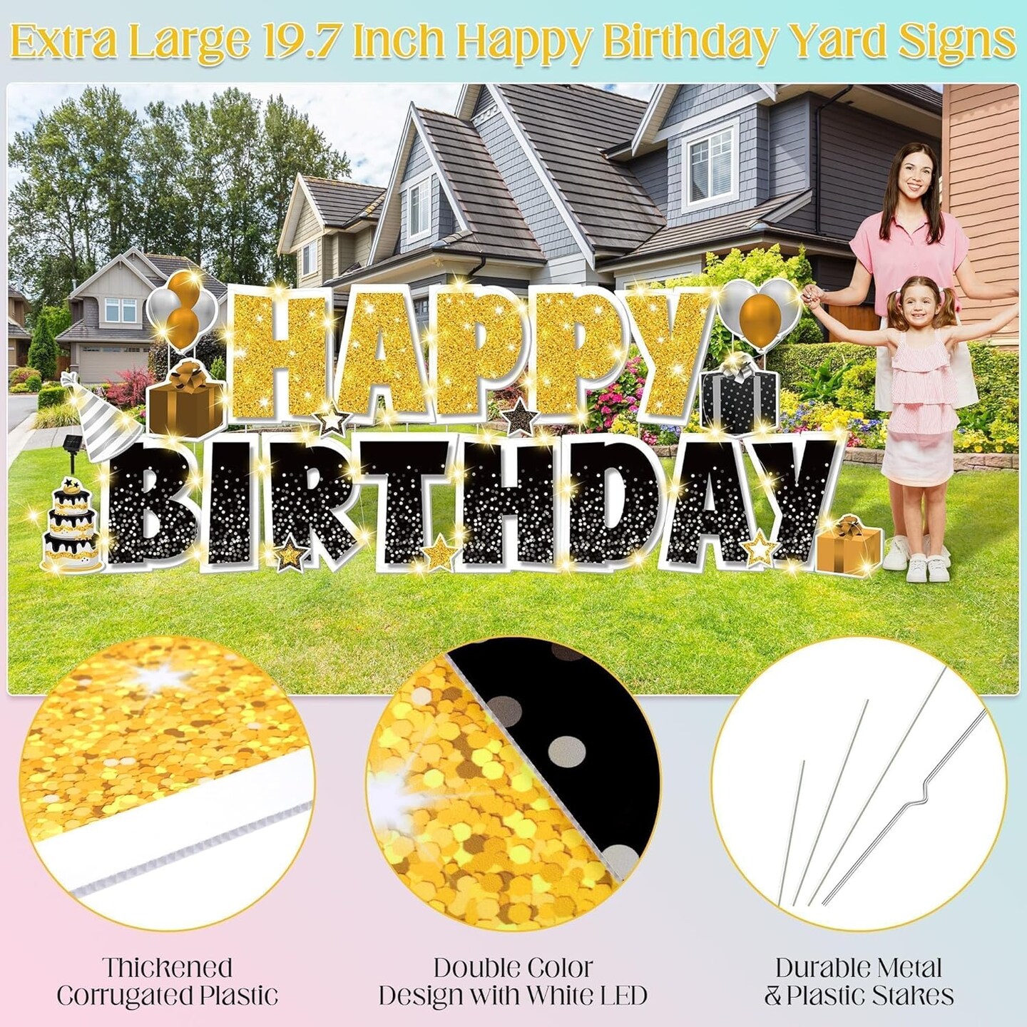 25 Pcs Extra Large 19.7 Inch Happy Birthday Yard Signs with Solar LED Light Black and Gold Birthday Lawn Signs with Metal Stakes Waterproof Outdoor Decorations for Garden Party