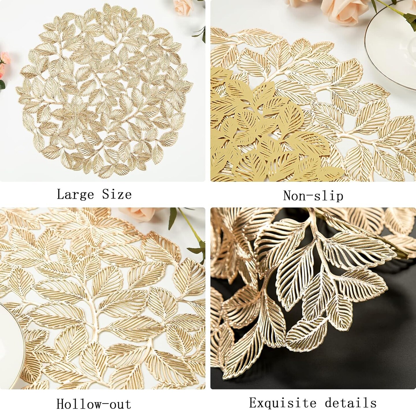 Metallic Placemats Set of 6 Gold Leaf Round Placemats Non-Slip Wipeable Table Mats for Dinner,Party,Wedding Accent Centerpiece