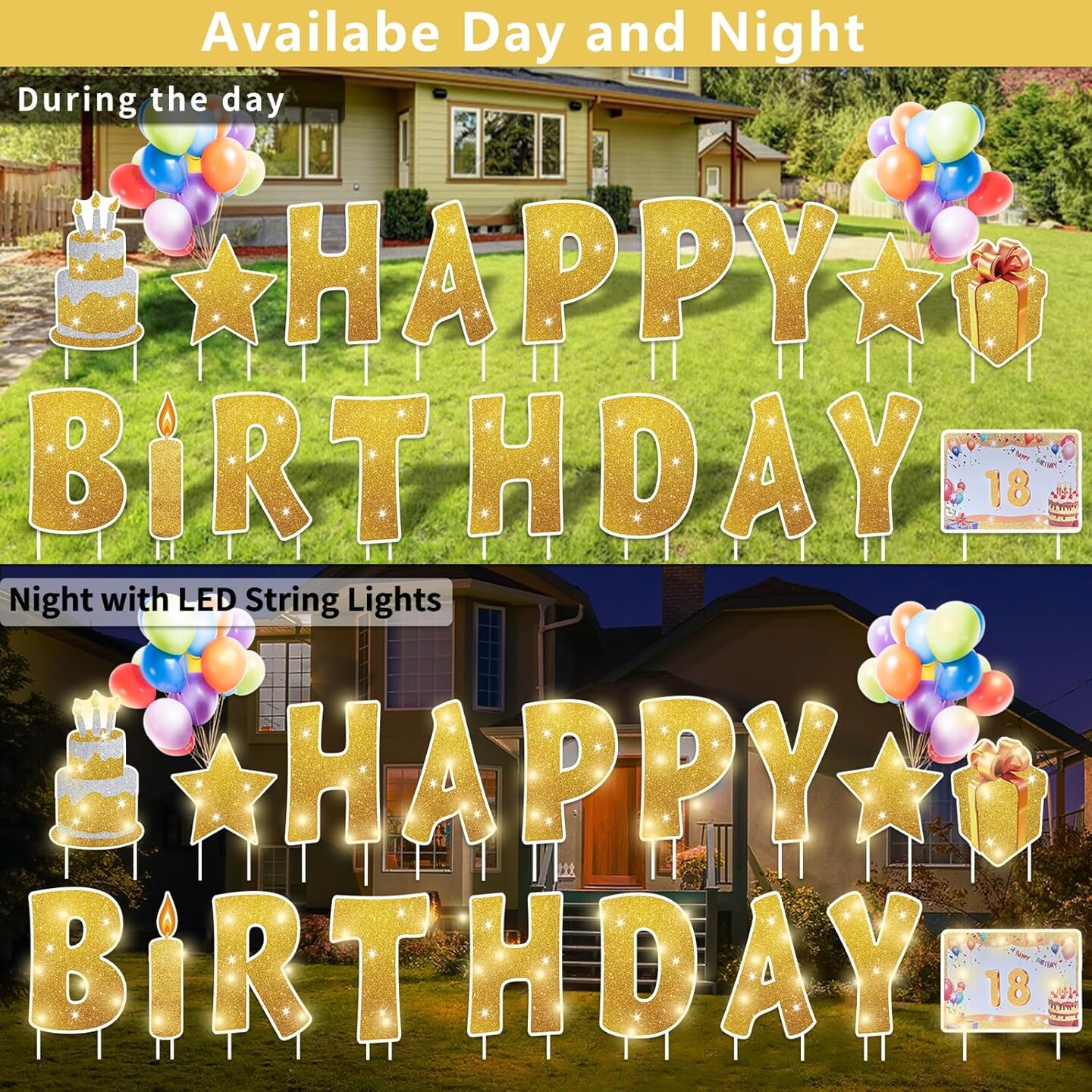 18 Pcs Happy Birthday Yard Sign with 32.8 ft Led Light, 16&#x201D; Large Size Happy Birthday Yard Sign with Stakes, Weatherproof Personalized Birthday Yard Signs, Outdoor Lawn Garden Party Decoration(Gold)