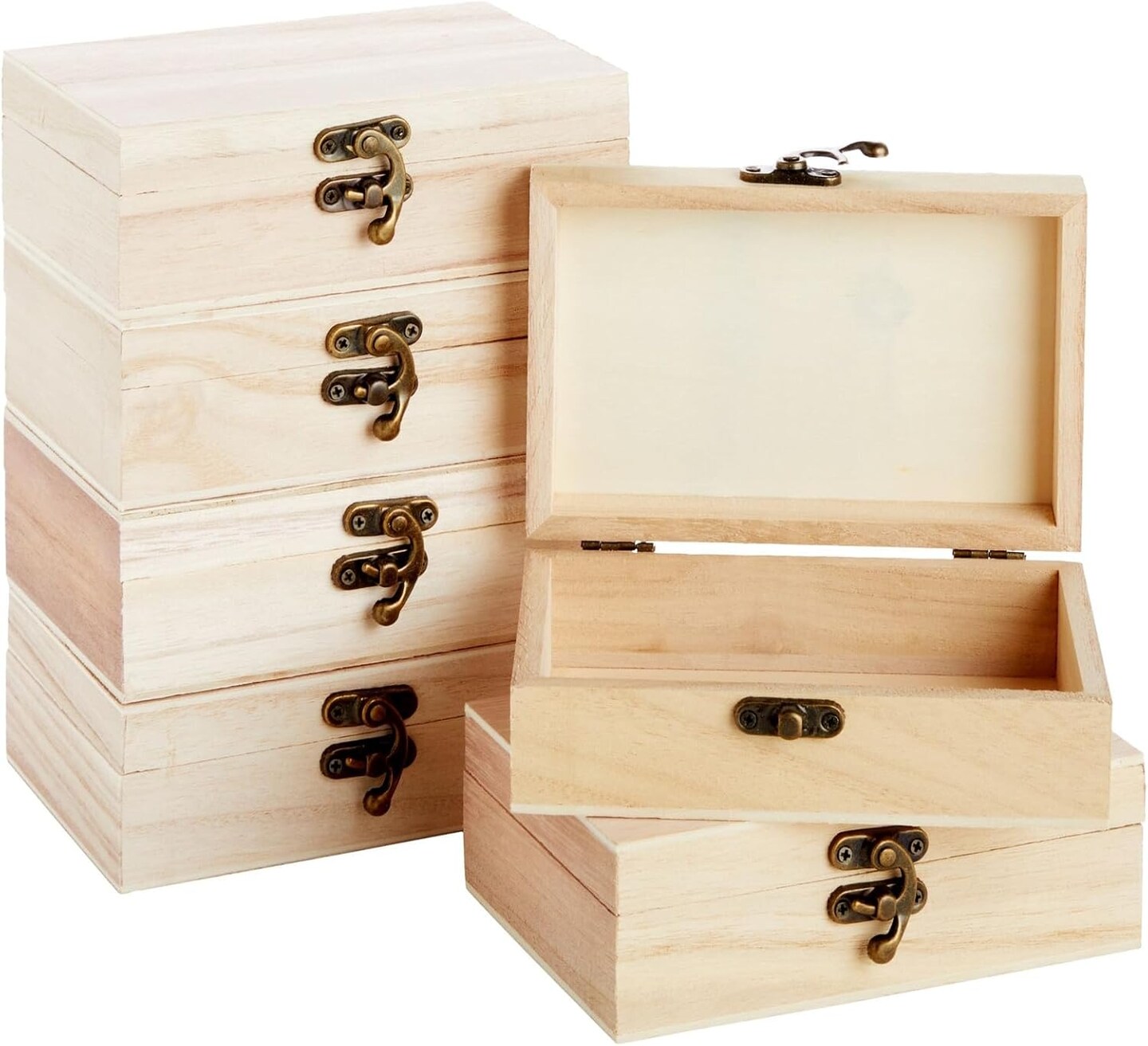 Juvale Unfinished Wooden Boxes for Crafts with Hinged Lids and Front Clasps for Jewelry, Crafts, Storage (6x4x2 In) 6 Pack