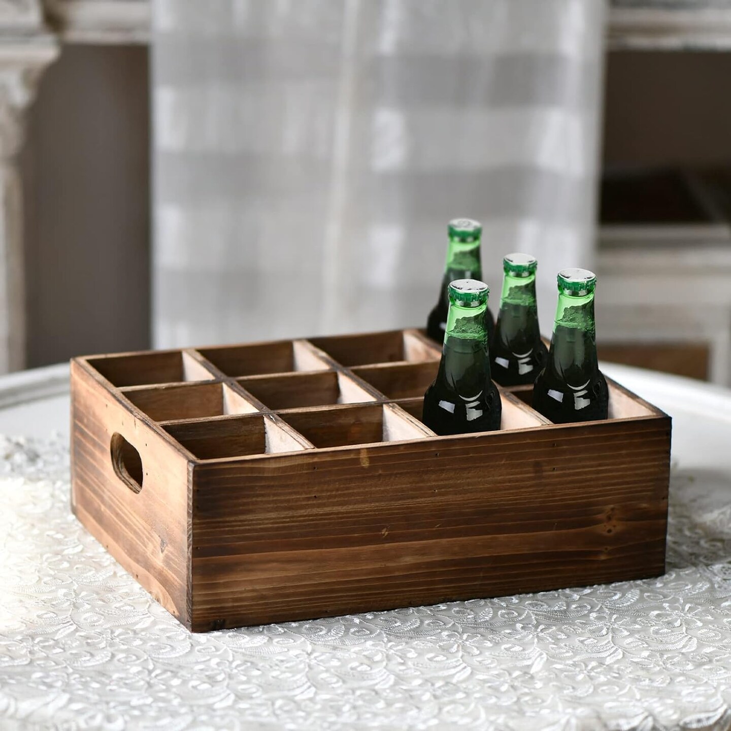 Farmhouse Wooden Storage Crate for Decoration 13 x 10 inches, Rustic Beer Holder Box, Wood Crate Box for Crafts, Beverage Serving Caddy with Carrying Handles