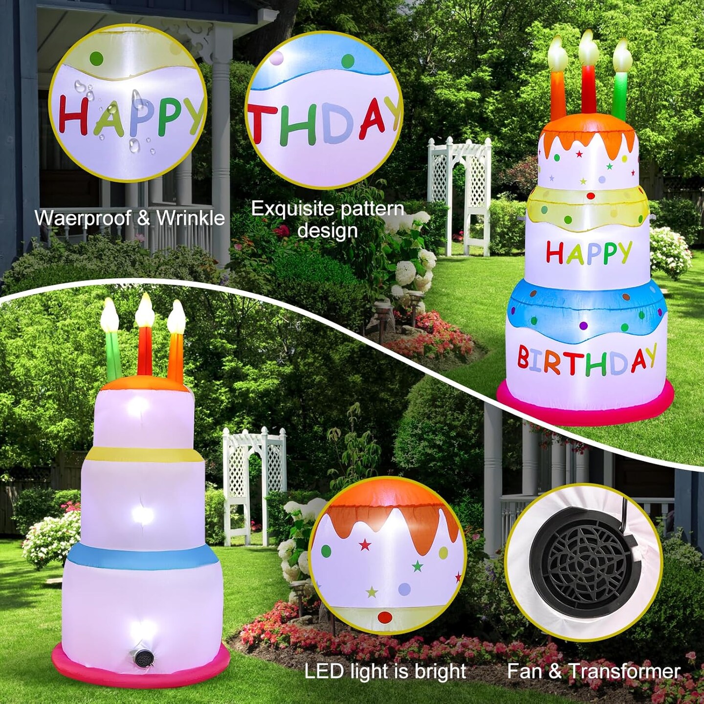 6Ft Inflatable Happy Birthday Cake Decorations Outdoor Lighted Blow Up Holiday Birthday Party Decor with Candles for Happy Birthday Party Outdoor Indoor Garden Yard Signs