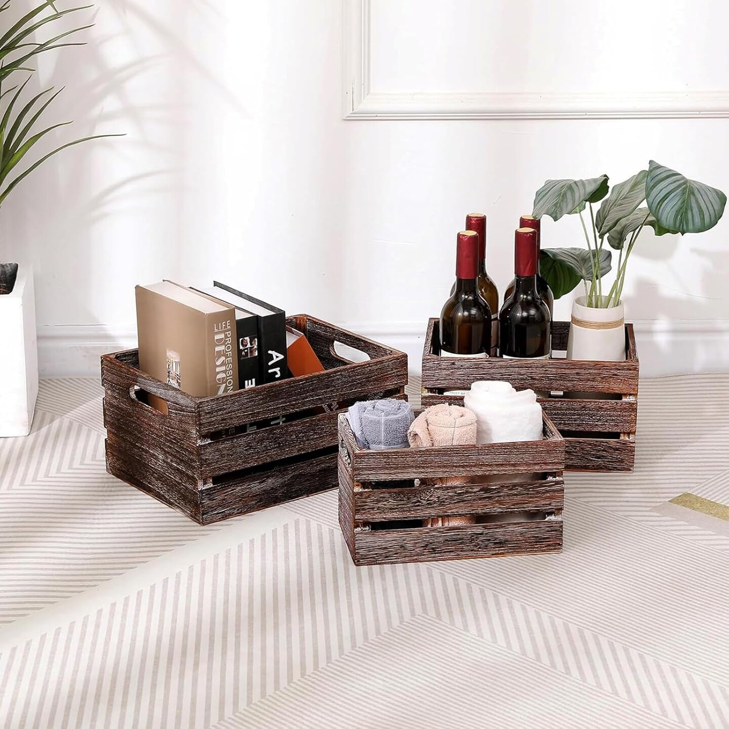 Decorative Wood Crates Nesting Crates Wooden Storage Container for Display,Rustic Handmade for Storage with Handles,Farmhouse Wood Basket for Party,Office,Bedroom,Kitchen,Decor Boxes-Brown Set of 3