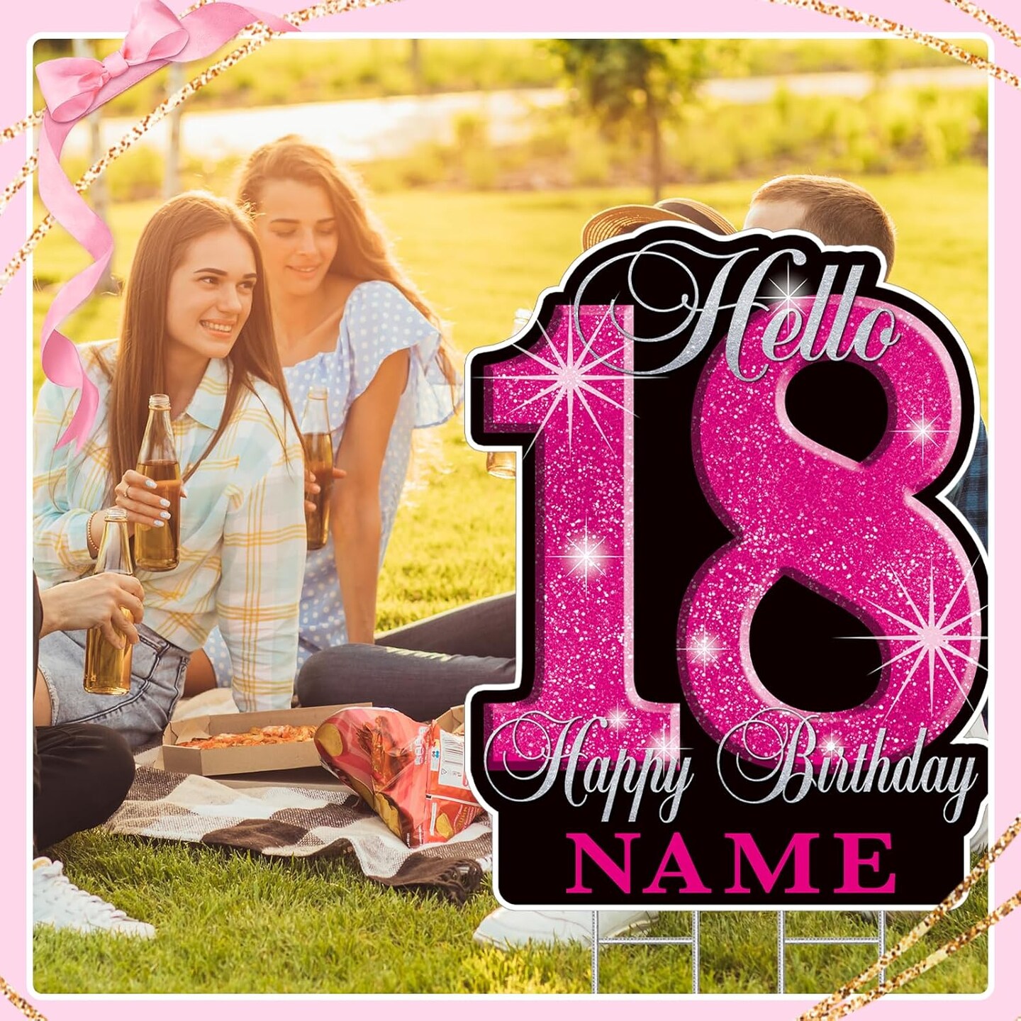 18th Birthday Decorations for girls &#x2013; 35&#x22; Happy 18 Birthday Yard Sign, Personalized with Custom Name, Glitter Waterproof Lawn Decor &#x26; Stakes for Outdoor Party