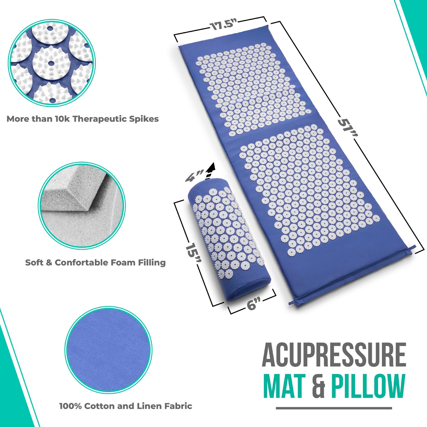 Acupressure Mat and Pillow Set - Grounding Mat for Stress, Back & Neck Pain - Acupuncture Point Massage Mat for Muscle Relaxation, Sciatica, & Meditation - Includes Carry Bag