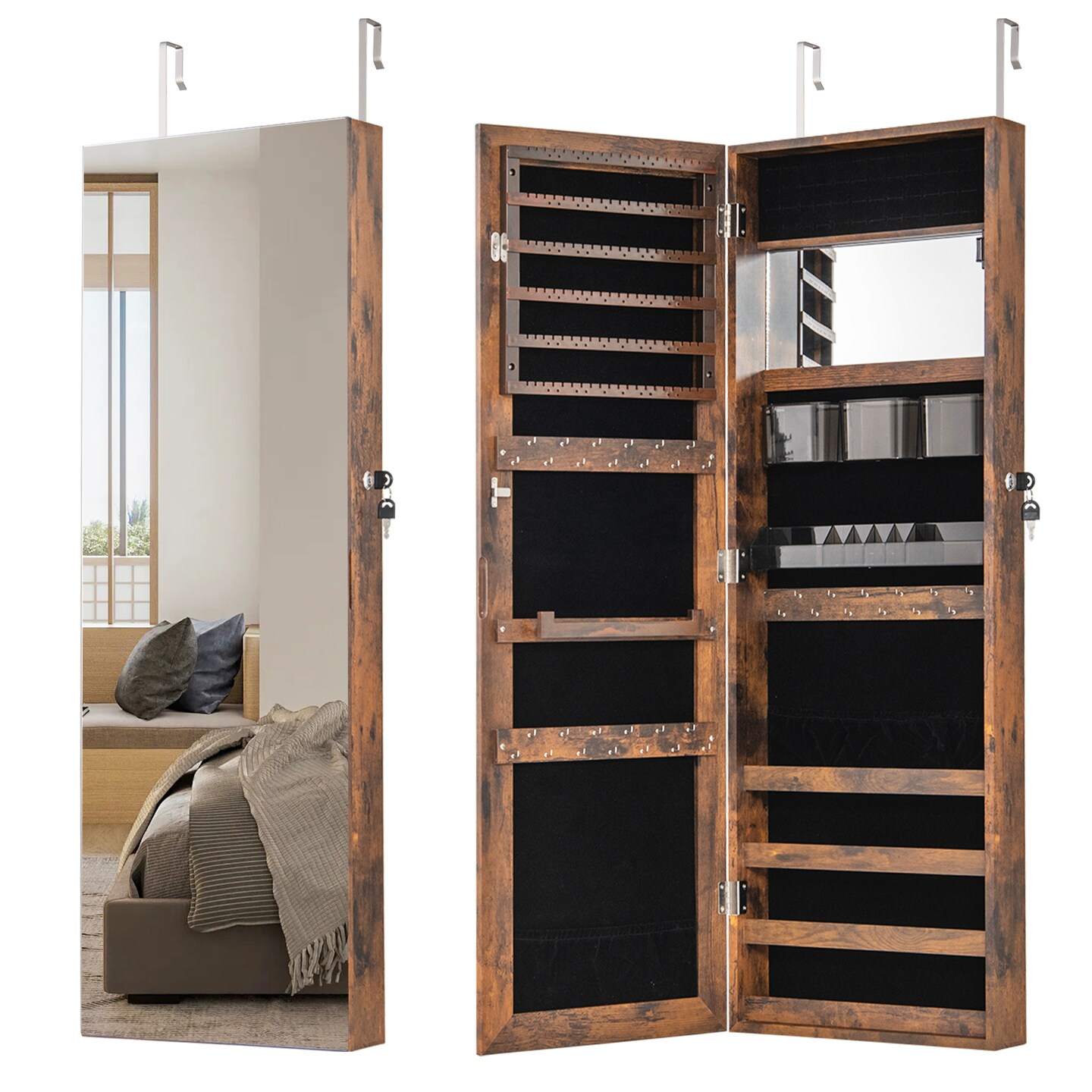 43.5 Inch Jewelry Mirror Cabinet with Full-length Mirror and Adjustable Hangers