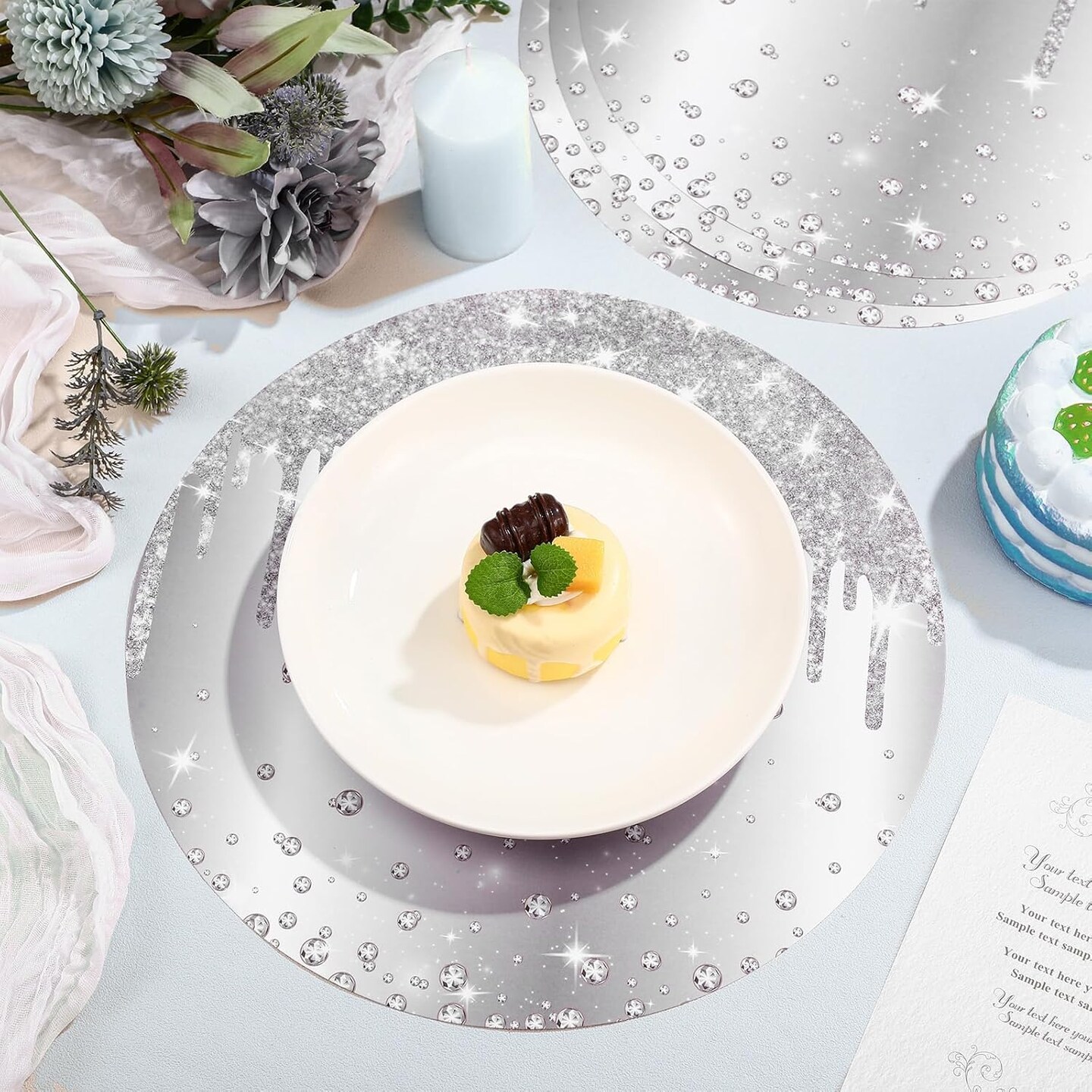 120 Pieces Silver Paper Placemats Glitter Diamonds Round Disposable Table Mats Decorative Paper Mats for Dining Wedding Birthday Silver Glitter Banquet Party, 11.8 Inch