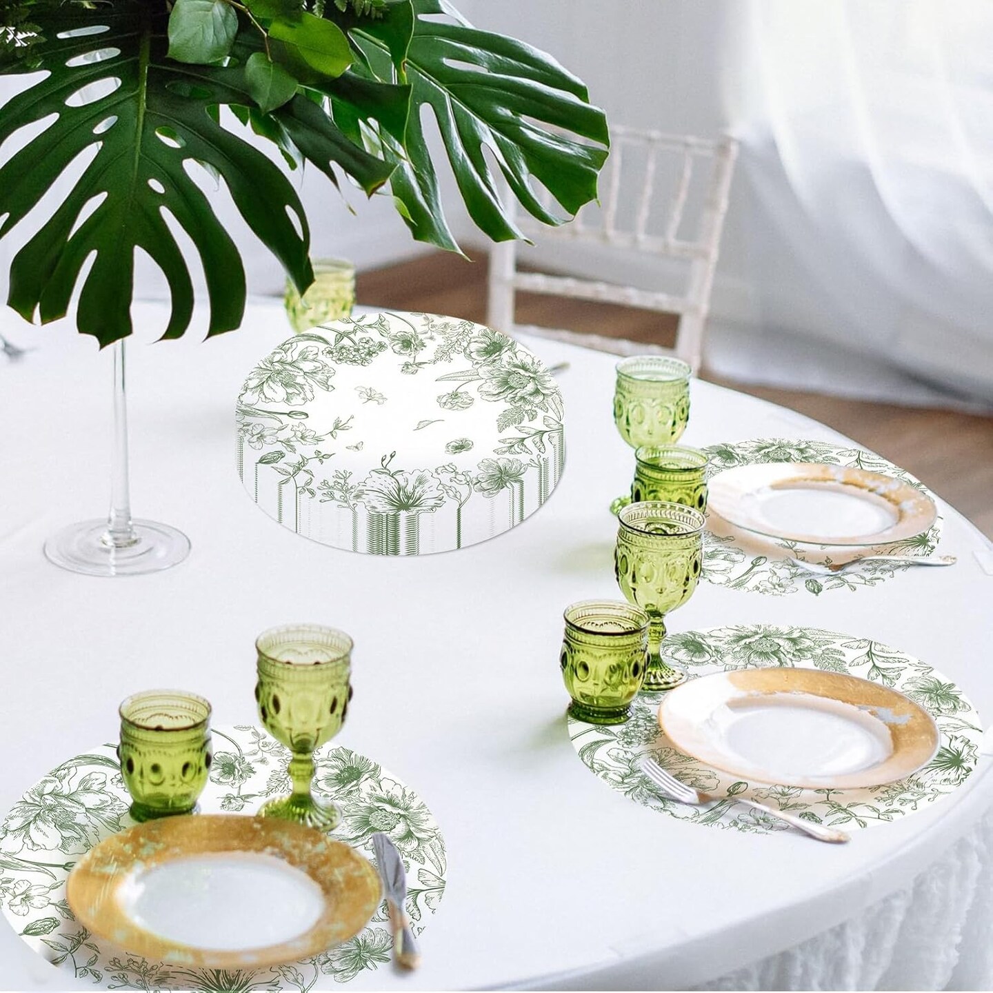 50 Pack Paper Placemats Disposable Green Floral Placemats 13.7 Inch Vintage Sage Green Flower Place Mats Chinoiserie Round Table Mats