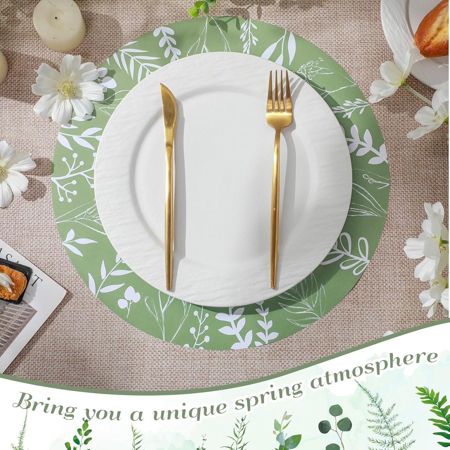 50 Pcs 14 Inch Disposable Placemats Eucalyptus Leaves Round Placemats Seasonal Paper Round Table Mats for Dining Decoration (Sage Green)