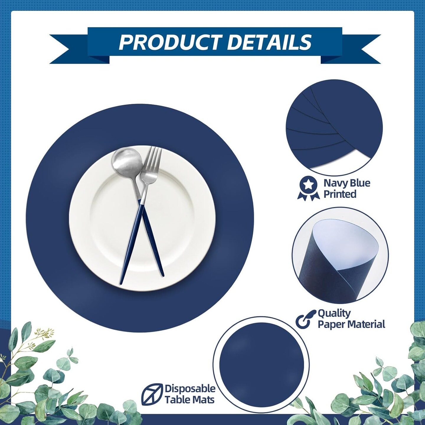100 Pieces Navy Blue Paper Place Mats Blue Round Disposable Table Mats Decorative Placemats for Wedding Bridal Shower Navy Blue Birthday Party Dining Decor
