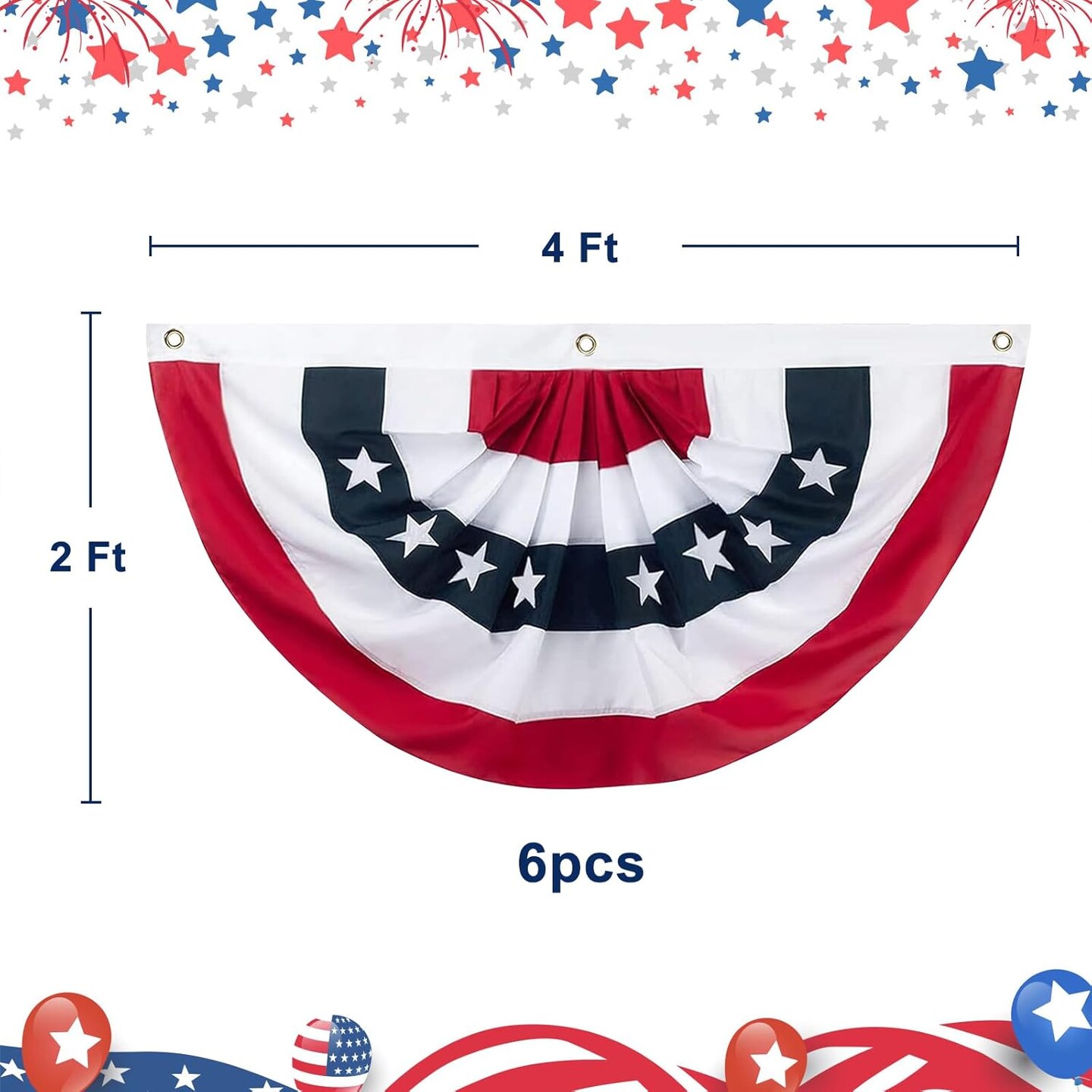 2x4Ft American Flag Bunting Patriotic Decorations,6 Pcs USA Pleated Fan Flag Brass Grommets Quality, Large Size Half Fan Banner Indoor/Outdoor Decorations for 4th of July, Memorial Day and Veterans Da