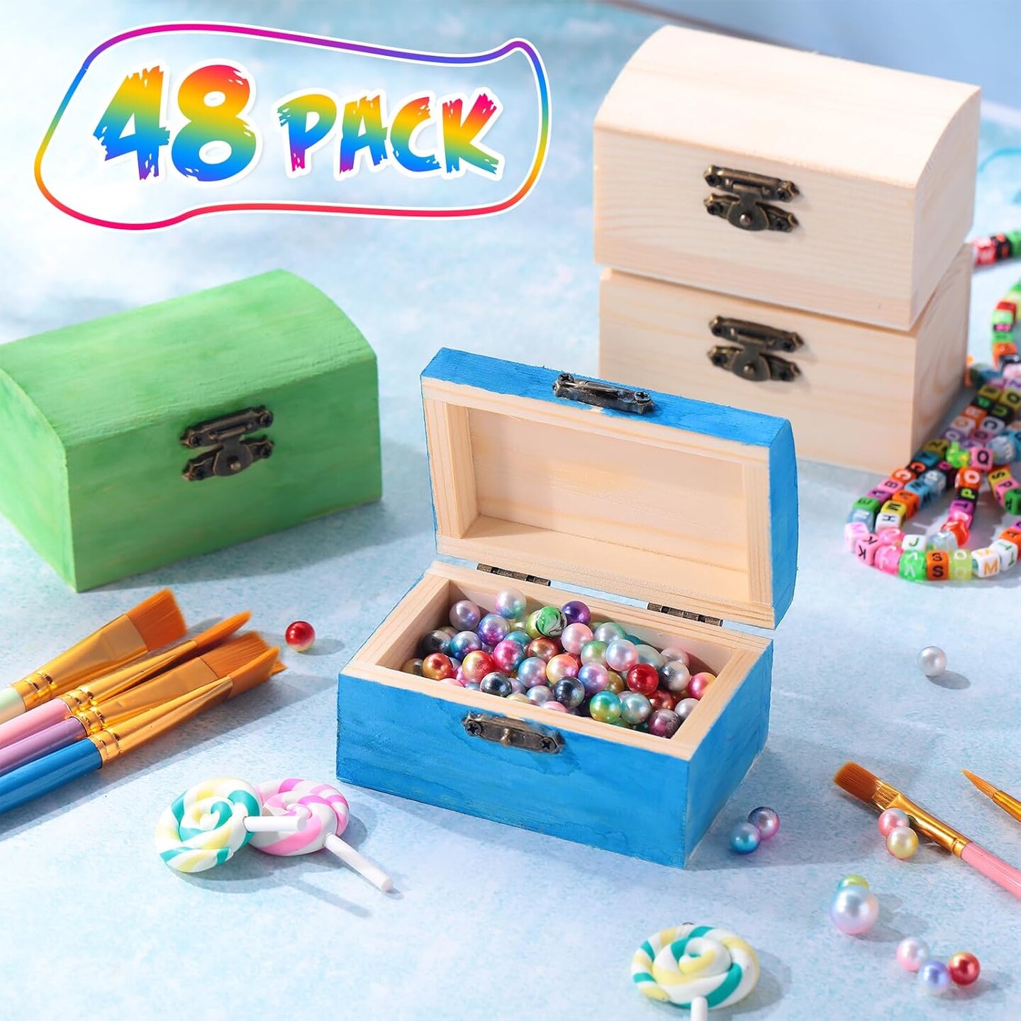 48 Pcs Unfinished Wooden Craft Boxes with 40 Paintbrushes Small Wooden Boxes Treasure Chest with Lid and Clasp Wood Storage Box for DIY Baby Shower Pirate Decor
