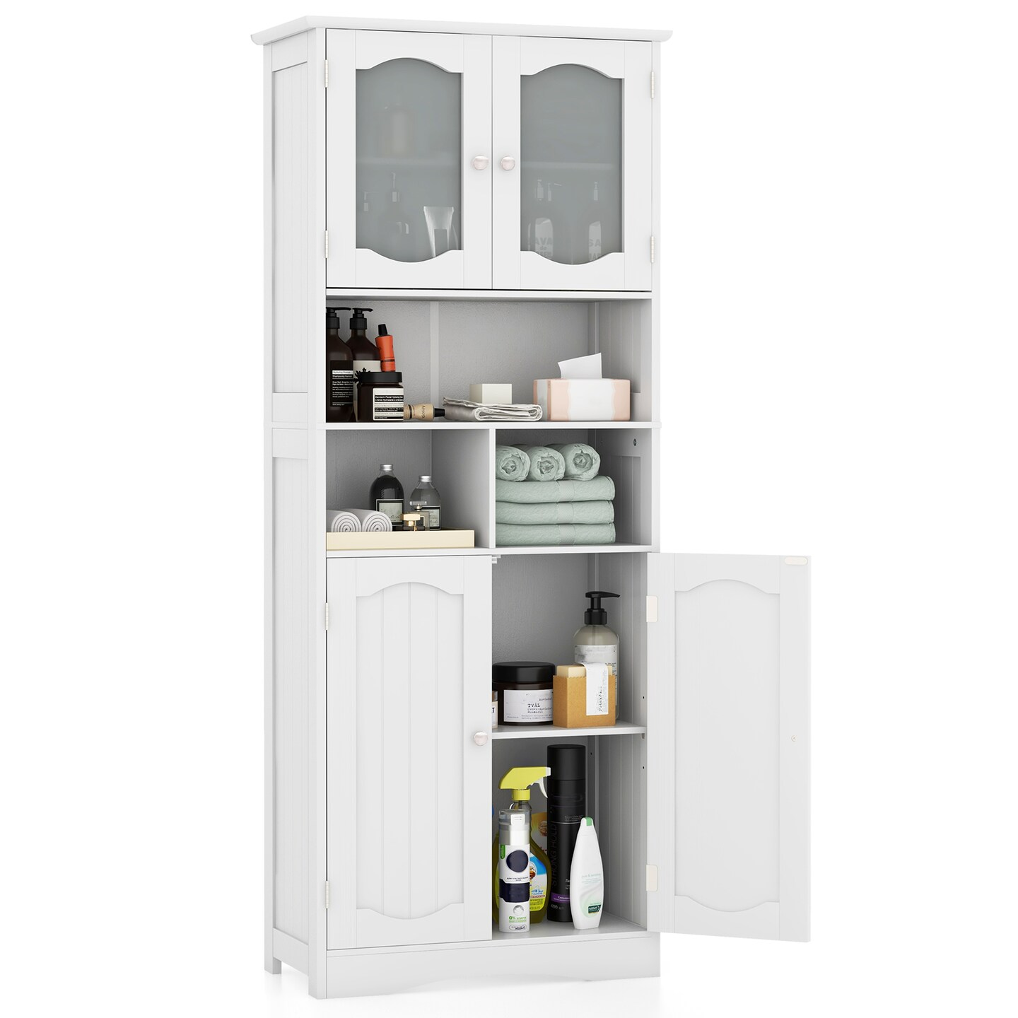 58.5 Inch Freestanding Linen Bathroom Storage Cabinet with Frost Glass Doors