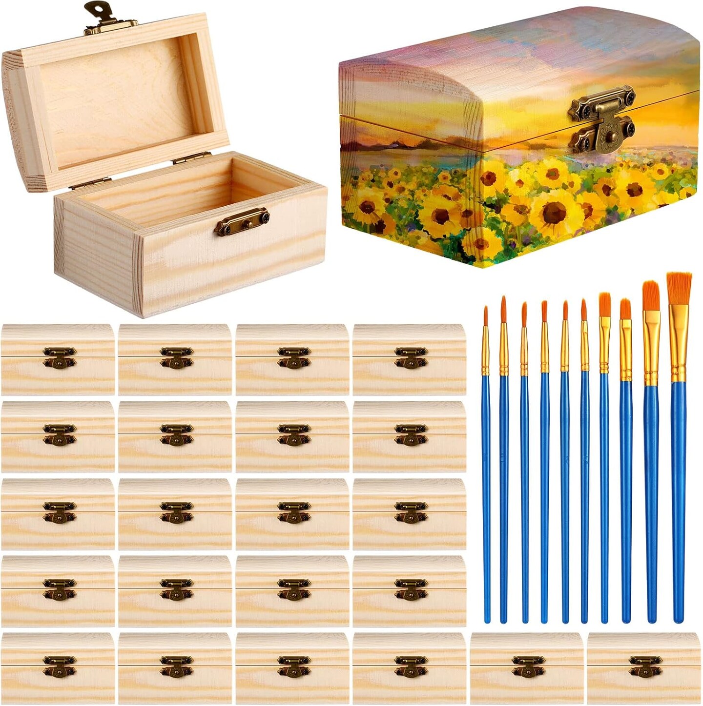 Unfinished Wood Treasure Chest with 10 Paintbrushes, Small Treasure Craft Boxes with Locking Clasp Wooden Storage Box