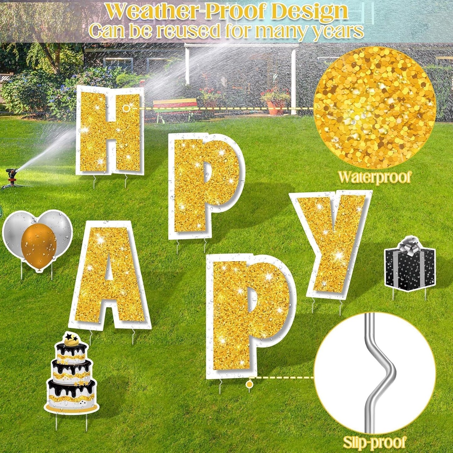 25 Pcs Extra Large 19.7 Inch Happy Birthday Yard Signs with Solar LED Light Black and Gold Birthday Lawn Signs with Metal Stakes Waterproof Outdoor Decorations for Garden Party