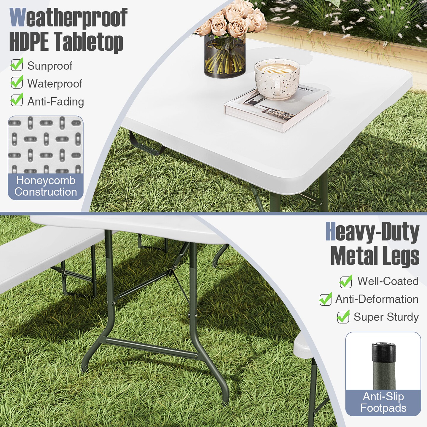 HDPE Folding Table with Metal Legs, Portable and Weatherproof