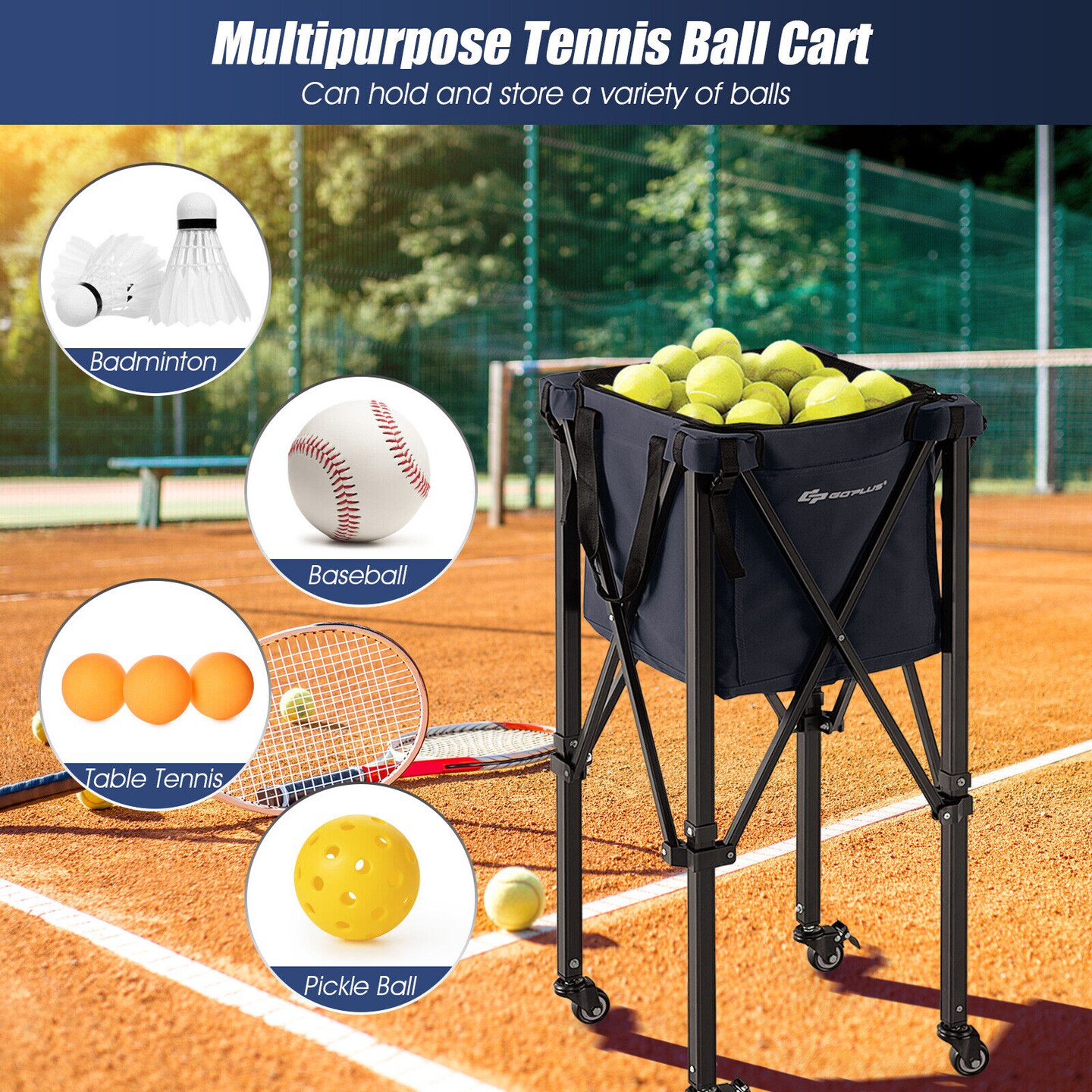 Foldable Lightweight Tennis Ball Teaching Cart with Removable Bag and Lockable Wheels