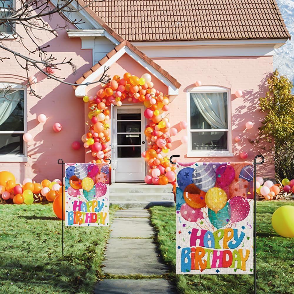 Happy Birthday Garden Flags for Outside 12x18 Double Sided Burlap, Colorful Balloon Personalized Banner Farmhouse Yard Sign Birthday Party Decorations DF575