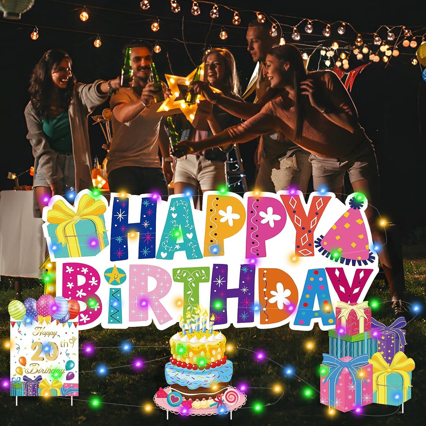 Happy Birthday Yard Sign, Colourful Happy Birthday Lawn Signs with Stakes LED Personalized Garden Birthday Board Party Favors Decor for Gift Outdoor Indoor Home Front Decorations Supplies