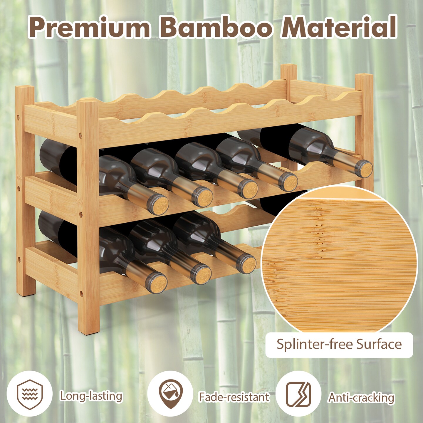 3-Tier Wine Rack Holds 18 Bottles with PU Coating and Anti-Slip Feet