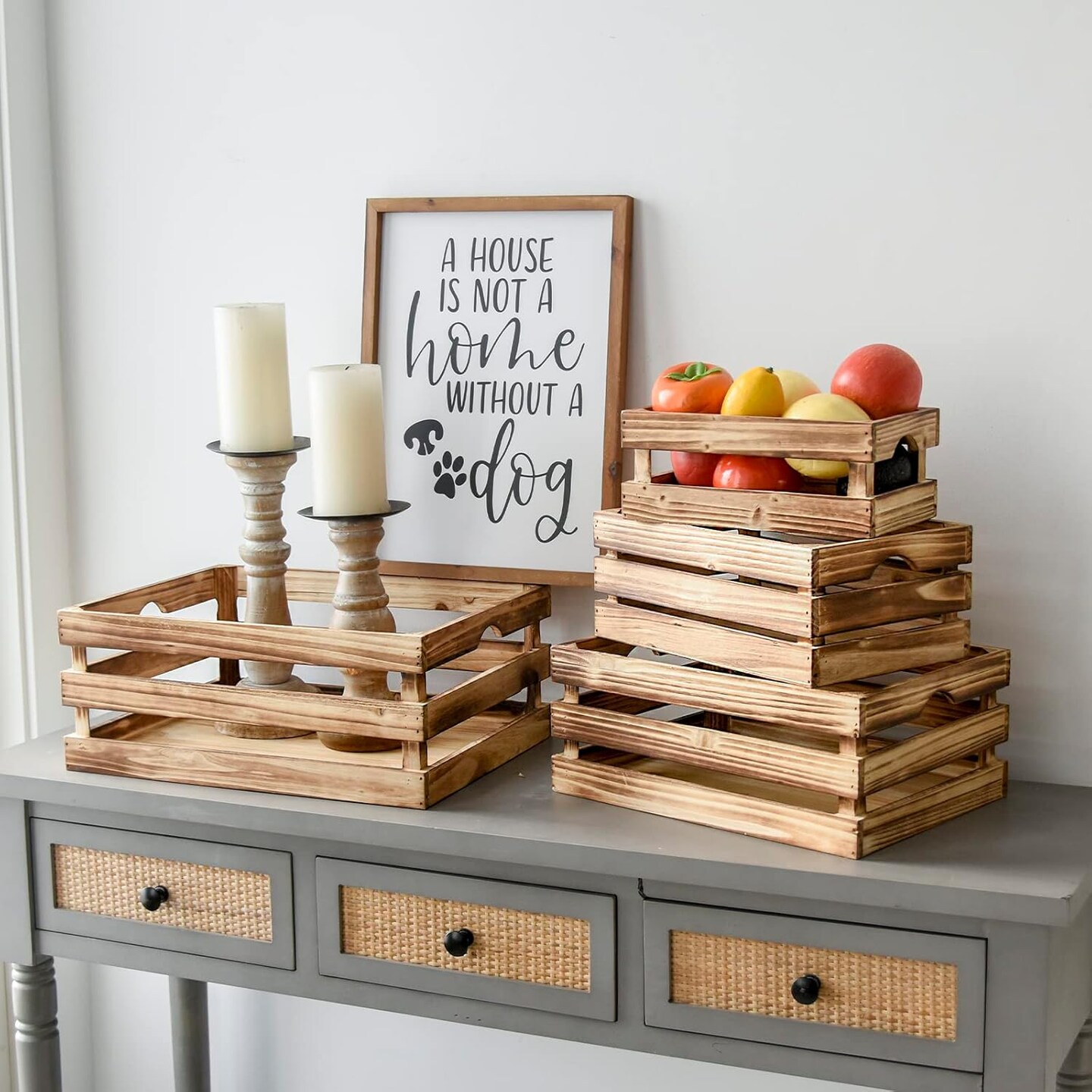 Set of 4 Large Torched Wood Decorative Storage Crates, Nesting Wooden Crates for Display Rustic, Farmhouse Wooden Storage Container Boxes Made from 100% Wood